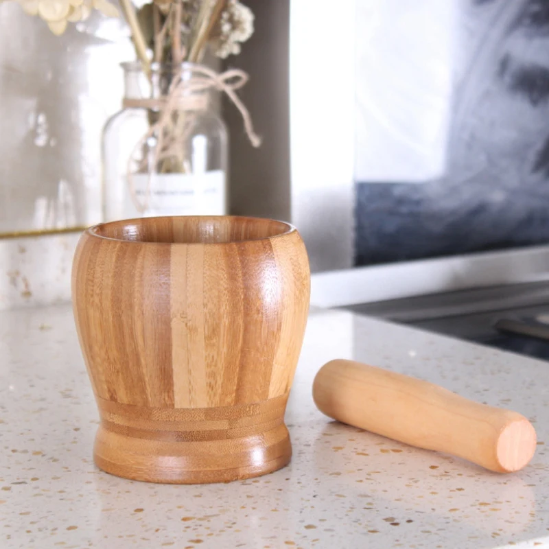 Pestle Grinding Bowl Set Bamboo Mortar And Pestle Pedestal Bowl Garlic Pugging Pot Spice Pepper Mill Tools Kitchen Tools M