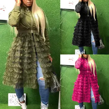 

Solid Color Women's Long Sleeve Zippered Ruffled Mesh Patchwork Jacket Coat