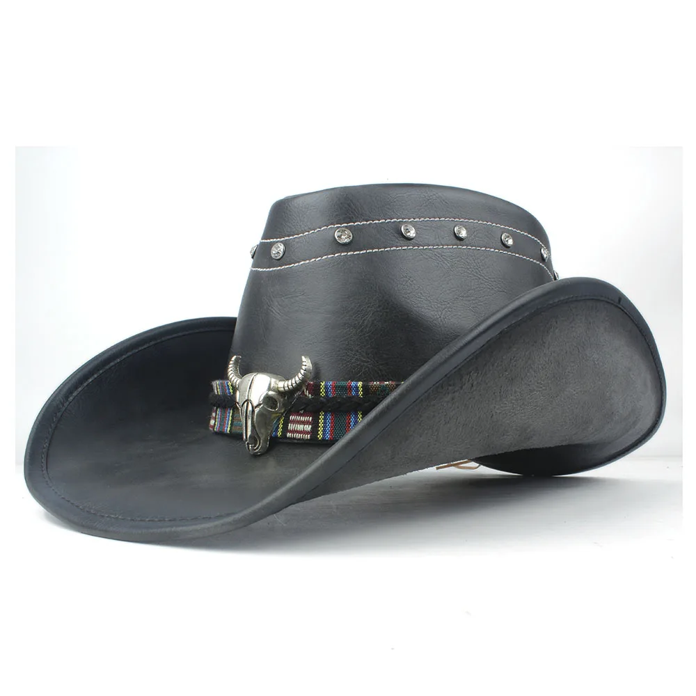 

Men Women Western Cowboy Hat 100% Leather Black Wide Brim Hat Outdoor Performance Cowgirl Hat