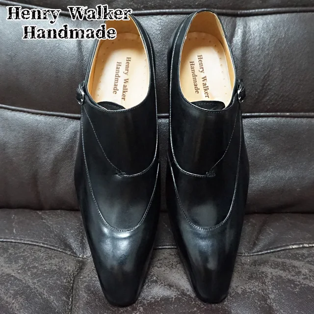 Luxury Men Loafers Shoes Black Coffe Pointed Toe Monk Casual Shoes Leather Men Dress Shoes Business Office Wedding Formal Shoes Black