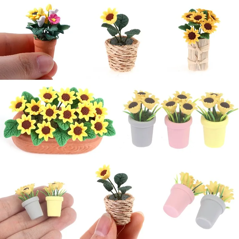 New Sunflowers in Clay Pot Plant For 1:12 Miniature Dollhouse Kitchen Decor DIY 