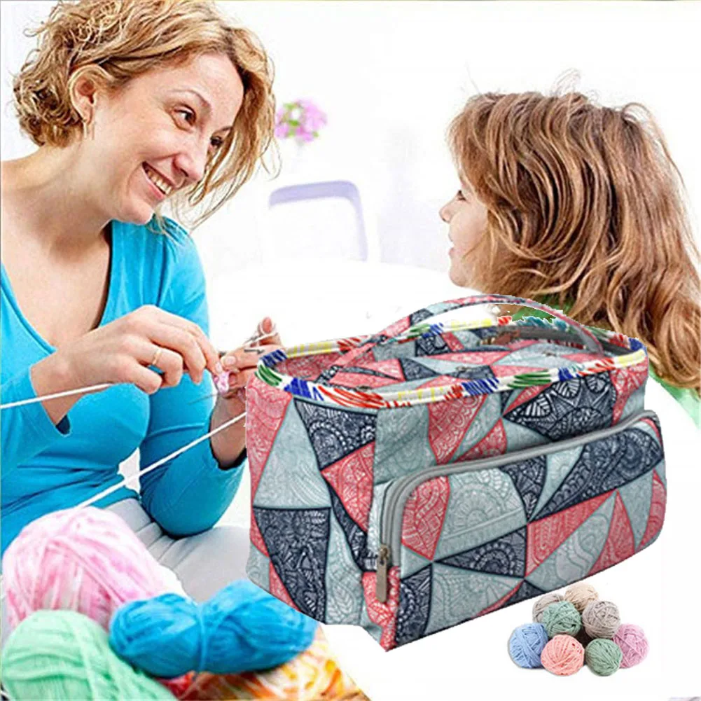 Blue Geometry Пряжа Tote с ручками крючки молния вязание крючком мешок спицы портативный DIY Многоцелевой шерстяной органайзер для хранения бытовой - Цвет: Blue Geometry