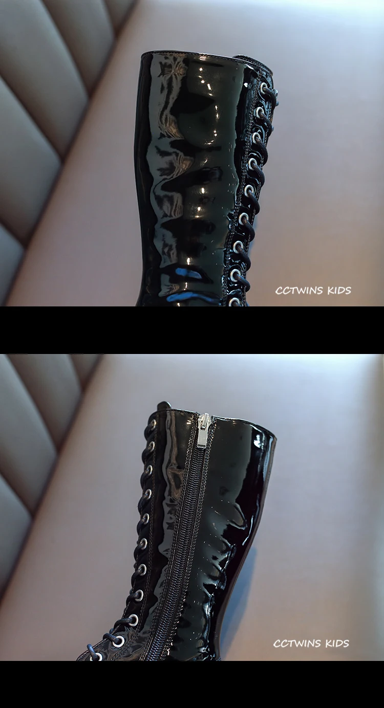 CCTWINS Kids Shoes Winter Fashion Girls High Boots Children Lace Casual Shoes for Toddler Black Leather Martin Boots HB059