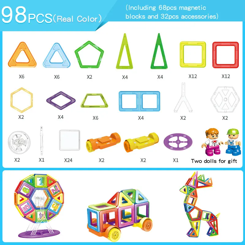Мини-размер, разноцветный, 30-228 шт., Магнитный конструктор, набор для строительства, модель и строительные игрушки, магнитные блоки, развивающие игрушки - Цвет: 98pcs real color