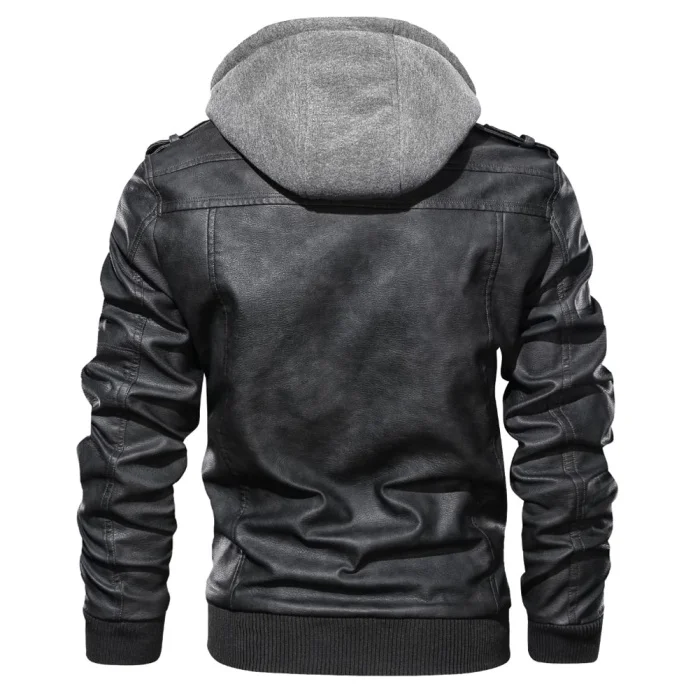 Men Outwear PU Leather Jackets Coat Zipper Detachable Hat with Pockets for Autumn-MX8