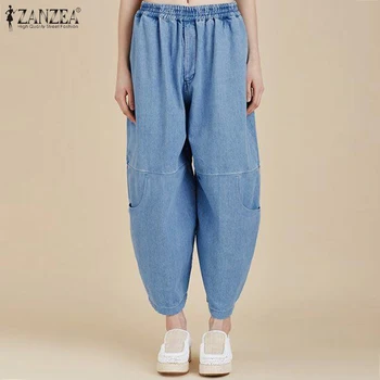 

Fashion Denim Blue Trousers Plus Size Turnip 2020 ZANZEA Women's Summer Pants Casual Elastic Waist Long Pantalon Female Palazzo