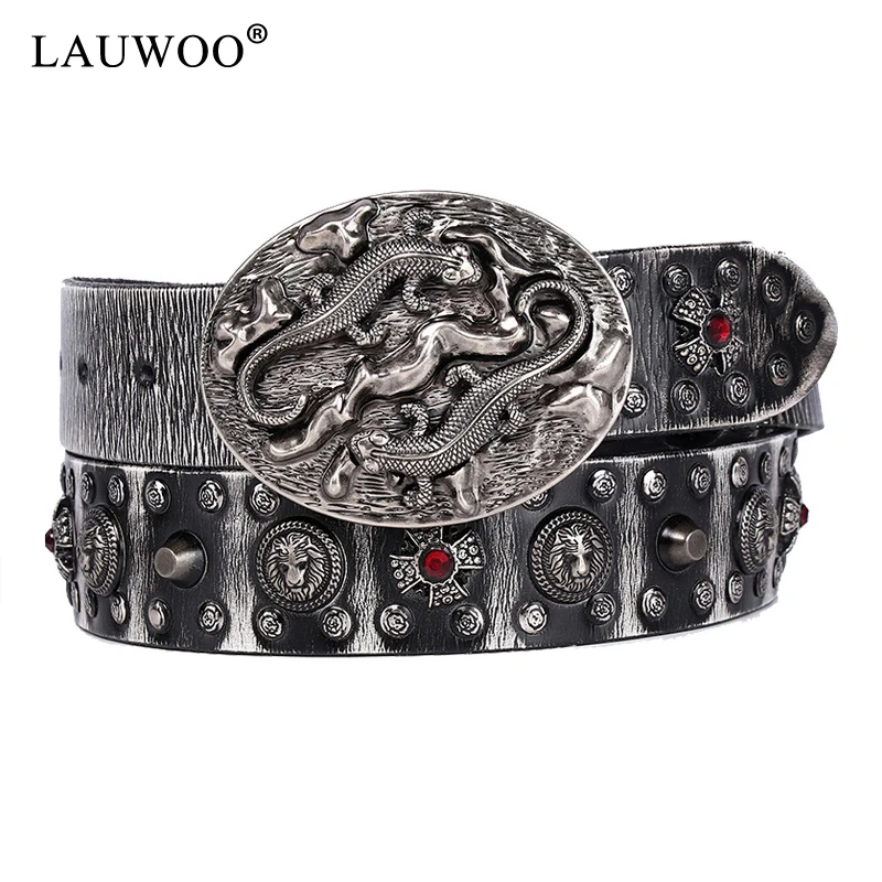 LAUWOO, натуральная кожа, Ретро стиль, металлический череп, панк, мужской ремень, джинсы, белый ремень, шпилька, ковбойский ремень, Cinturon Ceinture Homme Riem ремни
