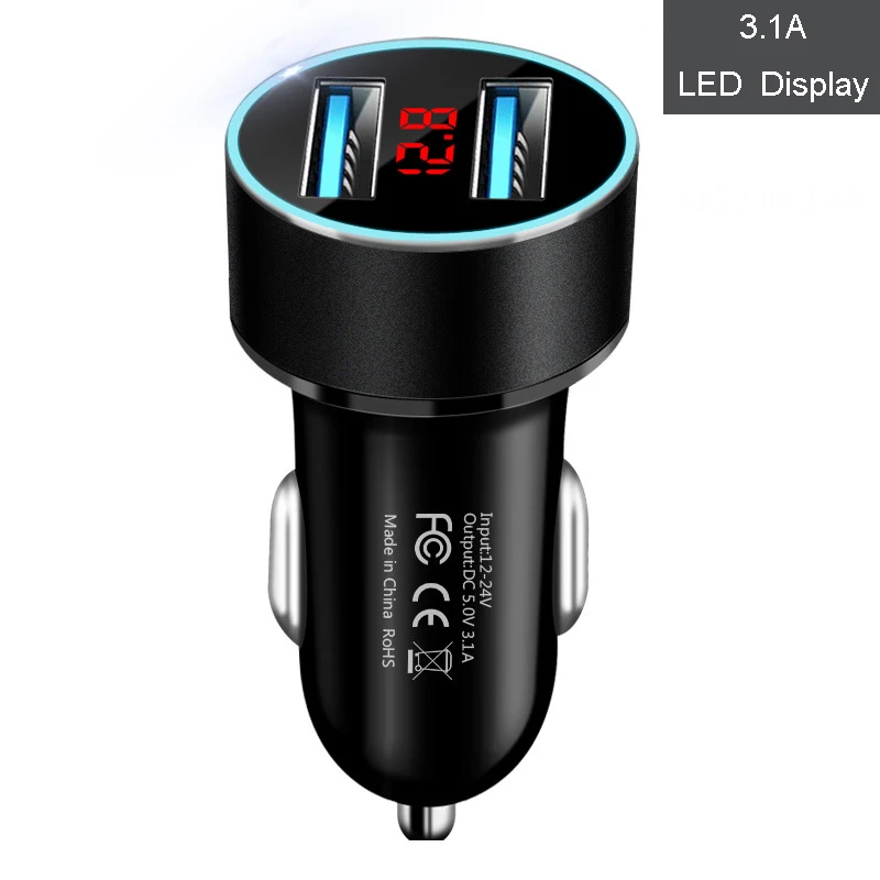 3.1A Dual USB Car Charger Quick Charge for Xiaomi Samsung iPhone 11 Tablet With LED Display Universal Mobile Phone Car-Charger - Название цвета: Black-3.1A