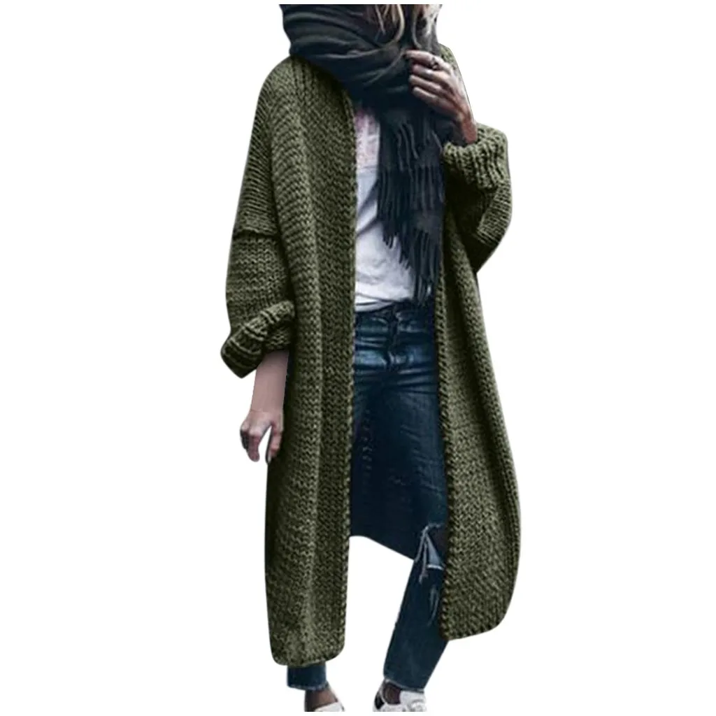 Green Модный женский однотонный зимний шерстяной кардиган, однотонная куртка летучая мышь, свитер, свободные длинные толстые пальто, большие размеры, повседневное пальто, топы - Цвет: Green