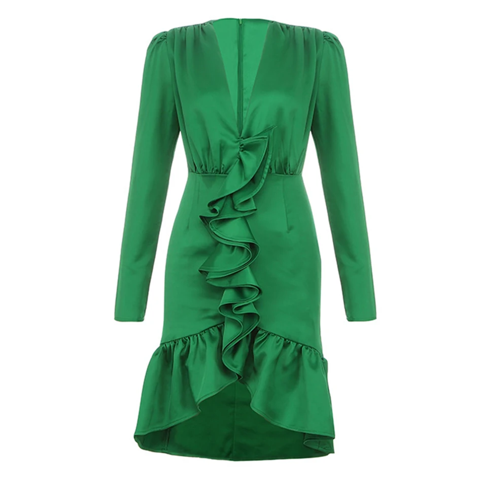 Новое поступление, женское платье высокого качества зеленого цвета с длинным рукавом и v-образным вырезом, необычное платье с рюшами, бодикон, сексуальные вечерние платья знаменитостей - Цвет: Зеленый