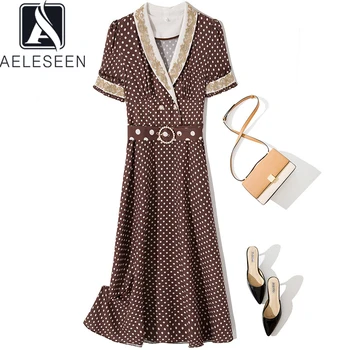 

AELESEEN Vintage Office Ladies Dress 2020 High Quality Summer Women Dress Dots Print Flower Embroidery Diamonds Belt Long Dress