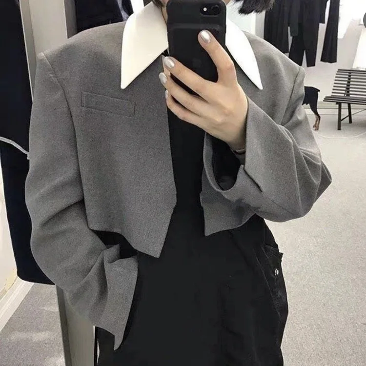 

2019 Colour Collision Removable Loose Short Suit Jacket Coat Women Gray Small Suit Notched Clothes Women Jackets Coats