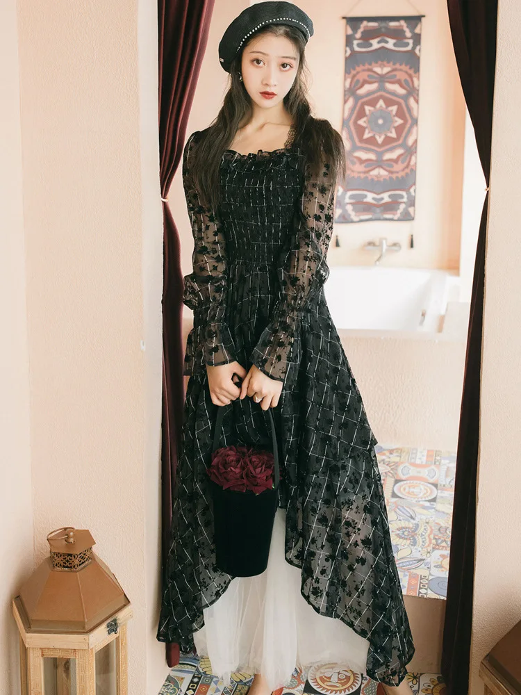

French Black And White with Pattern Industrial Flocked Flower Joint Mesh Dress Retro Slimming Mid-length Skirt