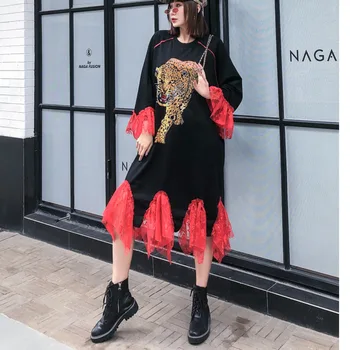 

XUXI 2020 Animal Women Printed Dress Korean Black Women Loose Clothes Woman Sleeve Camping Flyer Clothes FZ0777