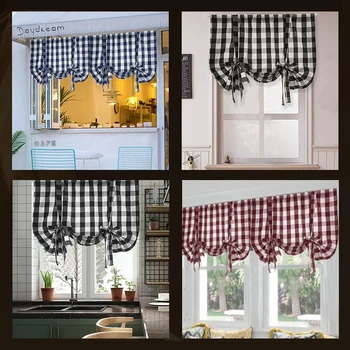 

Plaid Print Short Window Curtain with Hole Adjustable Roman Blinds Blackout Drapes for Living Room Kitchen