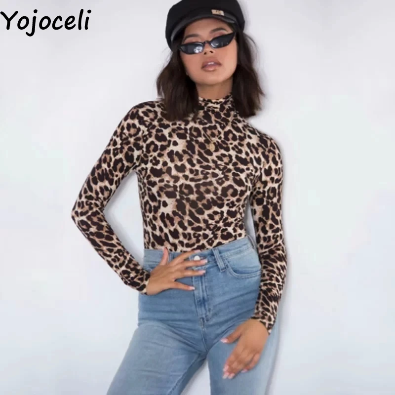 Yojoceli, сексуальный леопардовый Облегающий комбинезон с высоким воротом, комбинезон, Осенний Базовый теплый элегантный боди, повседневные милые короткие комбинезоны