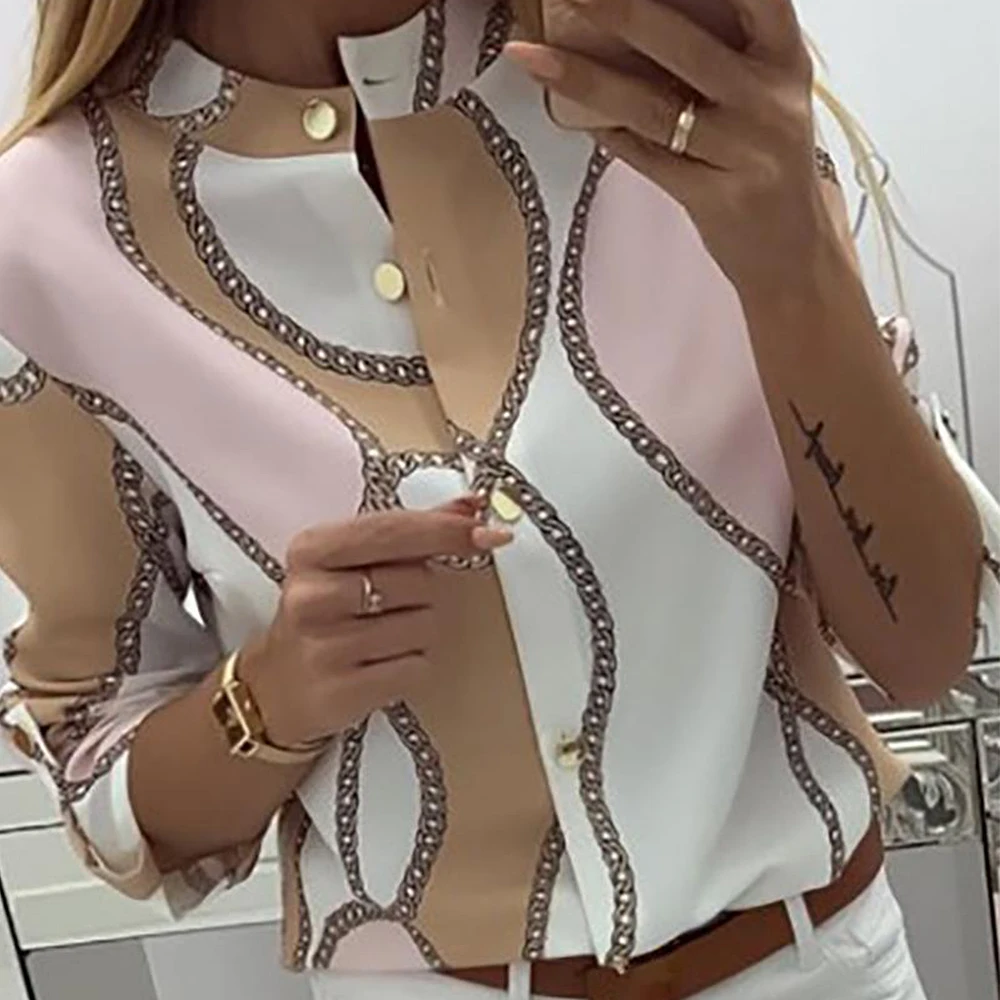 CALOFE, осень, женская шифоновая блуза, трендовая, длинный рукав, Blusas, Женский Бизнес Стиль, топ с принтом, женская верхняя одежда на пуговицах