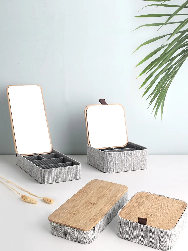 

Japan Style Multi-Use Storage Box with Bamboo Lid Creative Jewelry Box with Mirrow Necklace/Earrings Holders Table Organizer