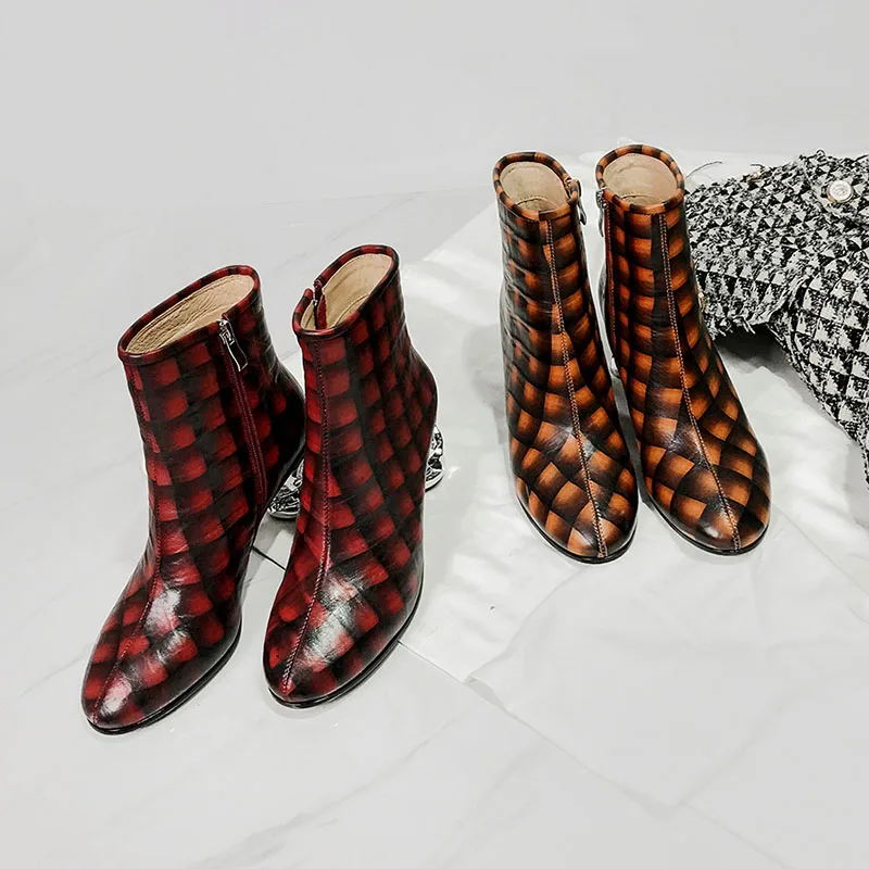 Phoentin/женские ботинки из овечьей кожи в мелкую клетку; обувь на высоком каблуке с гальваническим покрытием на молнии; женская обувь из натуральной кожи оранжевого цвета; FT766