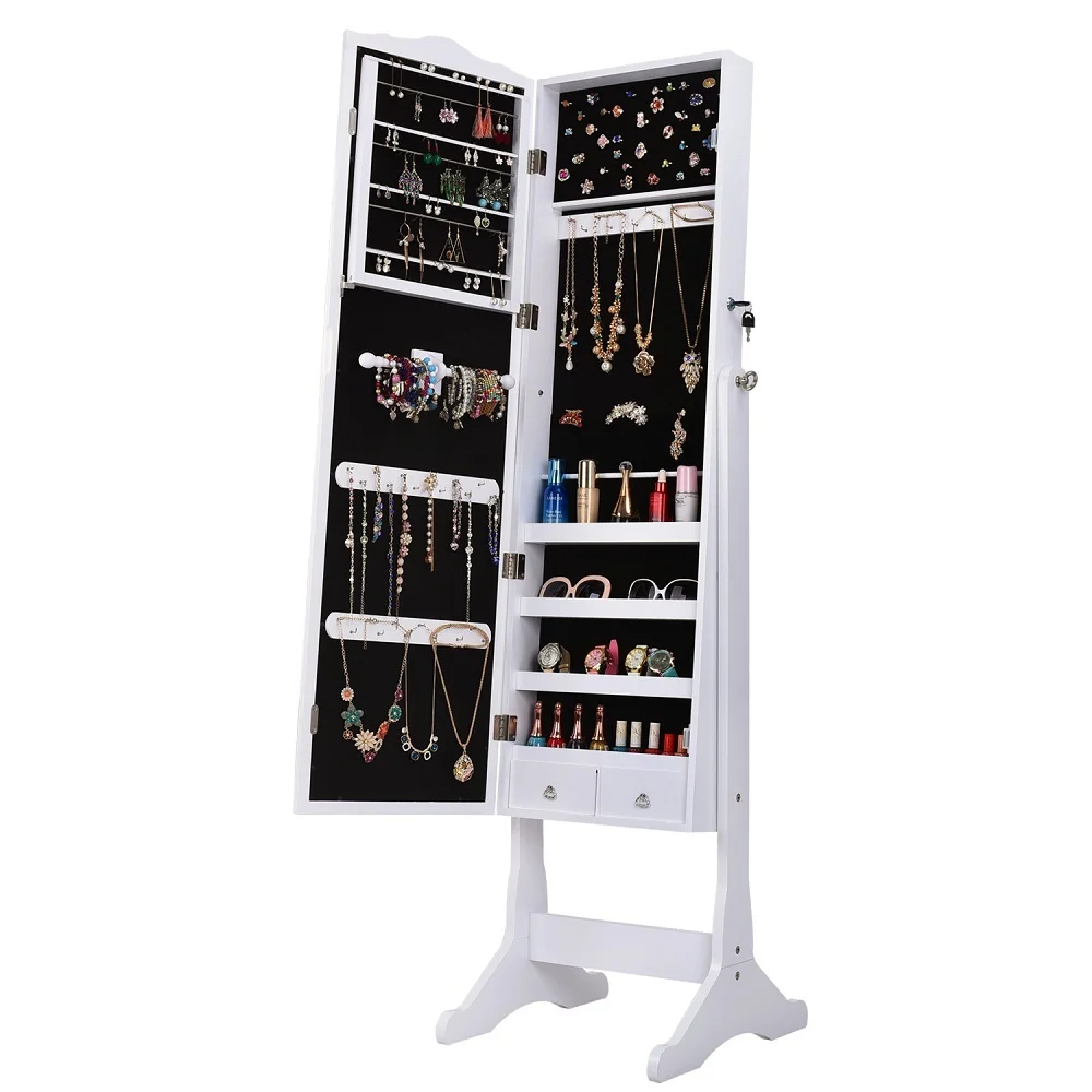 Lockable Jewelry Cabinet Organizer Storage Box Stand with Makeup mirror White Dresser Home Furniture for bedroom (5)