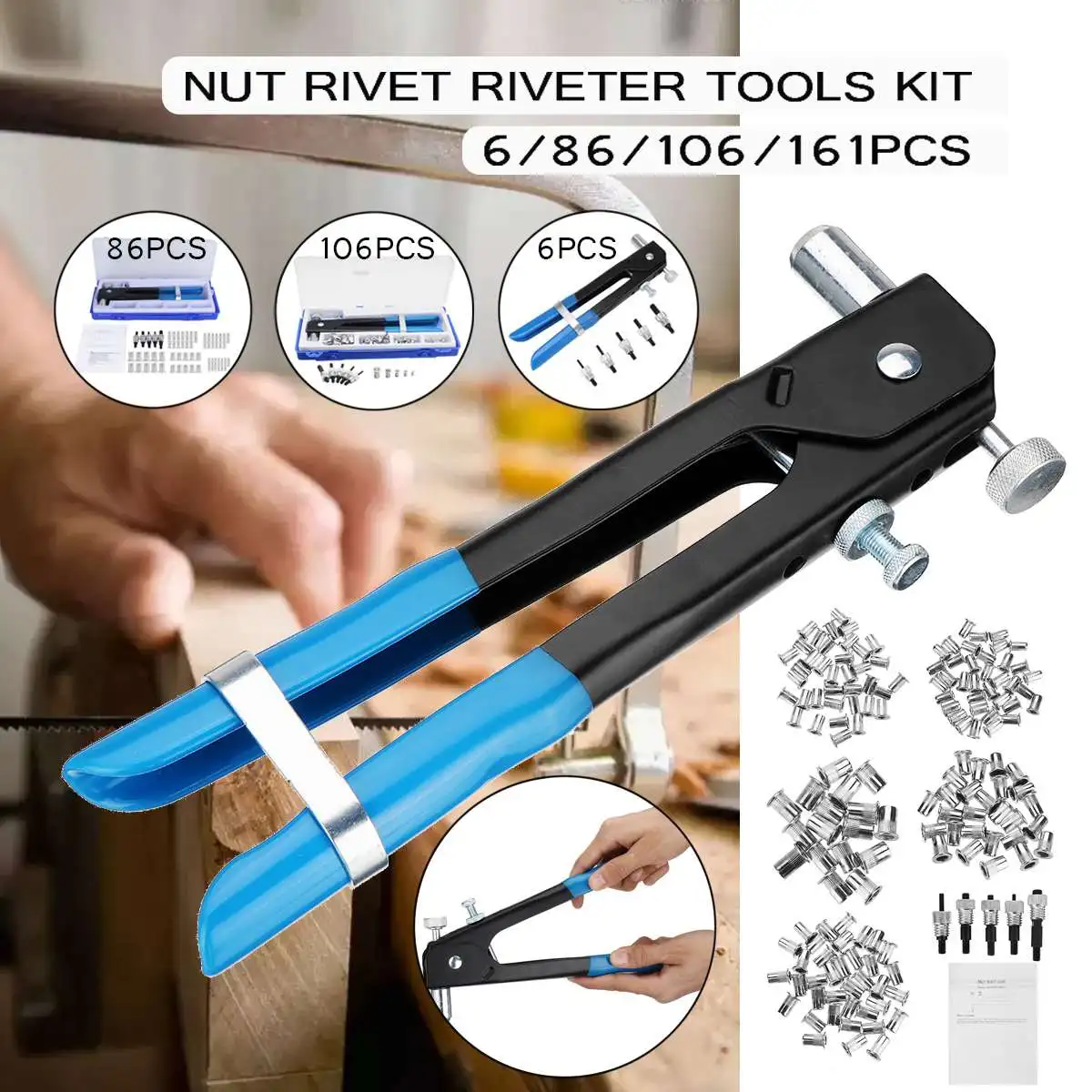 

6-161Pcs Rivet Flat Head Threaded Rivet Insert Nutsert Cap Rivet Nut Kit M3 M4 M5 M6 M8 with Nail Gun Household Repair Tools