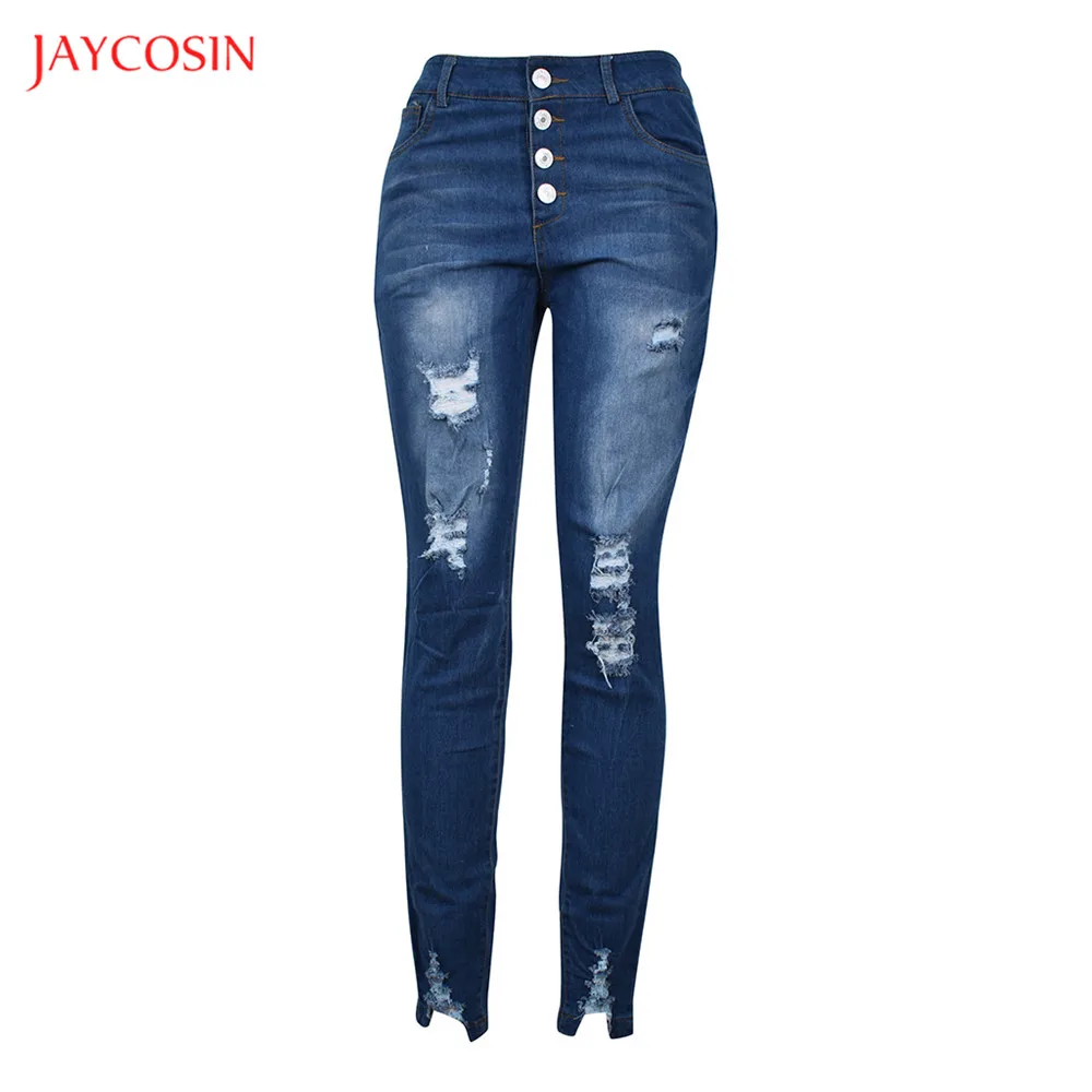 Jaycosin, модные женские джинсы, брюки, узкие, с пуговицами, рваные джинсы, брюки с карманами, джинсы, повседневные, высокая талия, джинсовые брюки-карандаш
