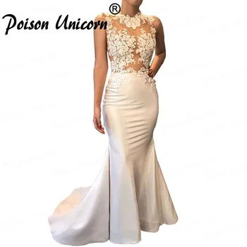 

White Mermaid Muslim Evening Dress Long 2020 Illusion O Neck Appliques Islamic Dubai Saudi Arabic Sleevesless Formal Prom Gowns