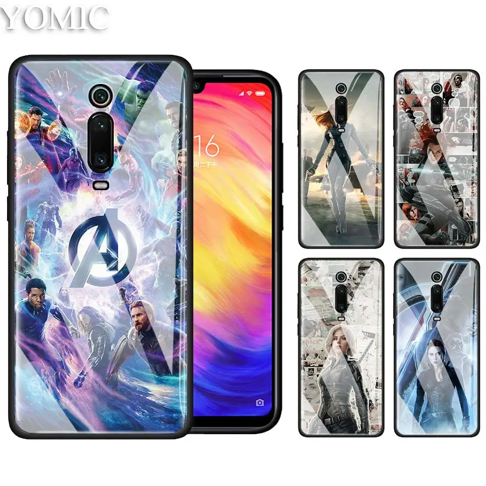 

Tempered Glass Case for Xiaomi Redmi 7 Note 7Pro 6 K20 Pro Mi CC9 CC9E A3 Lite Tasche Phone Cover Coque Black Widow Avengers