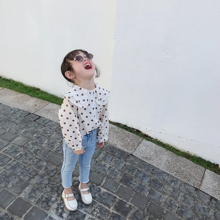 Meninas Polka Camisa Primavera Novas Crianças Manga Longa Rendas Chiffon Onda Lapela Moda Blusas Camisas Topos Dot 2020 11 High Quality Mamãe e Bebê