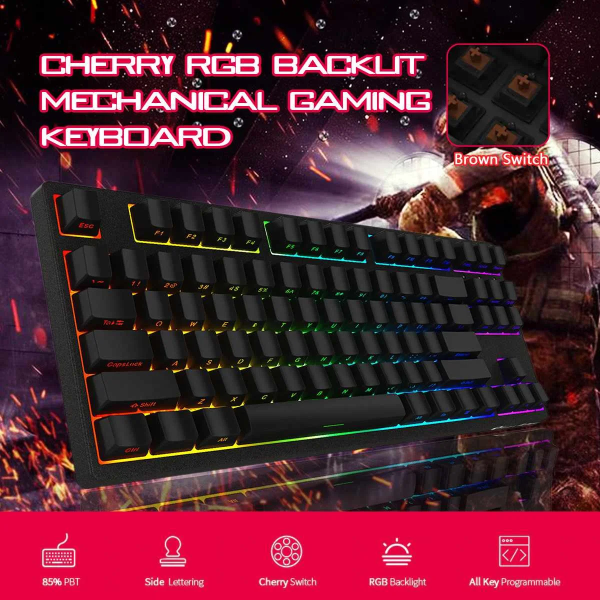 

LEORY 87 Keys Side Letter Cherry Brown Red Switch ABS PBT Keycaps RGB Backlit Wired Mechanical Gaming Keyboard