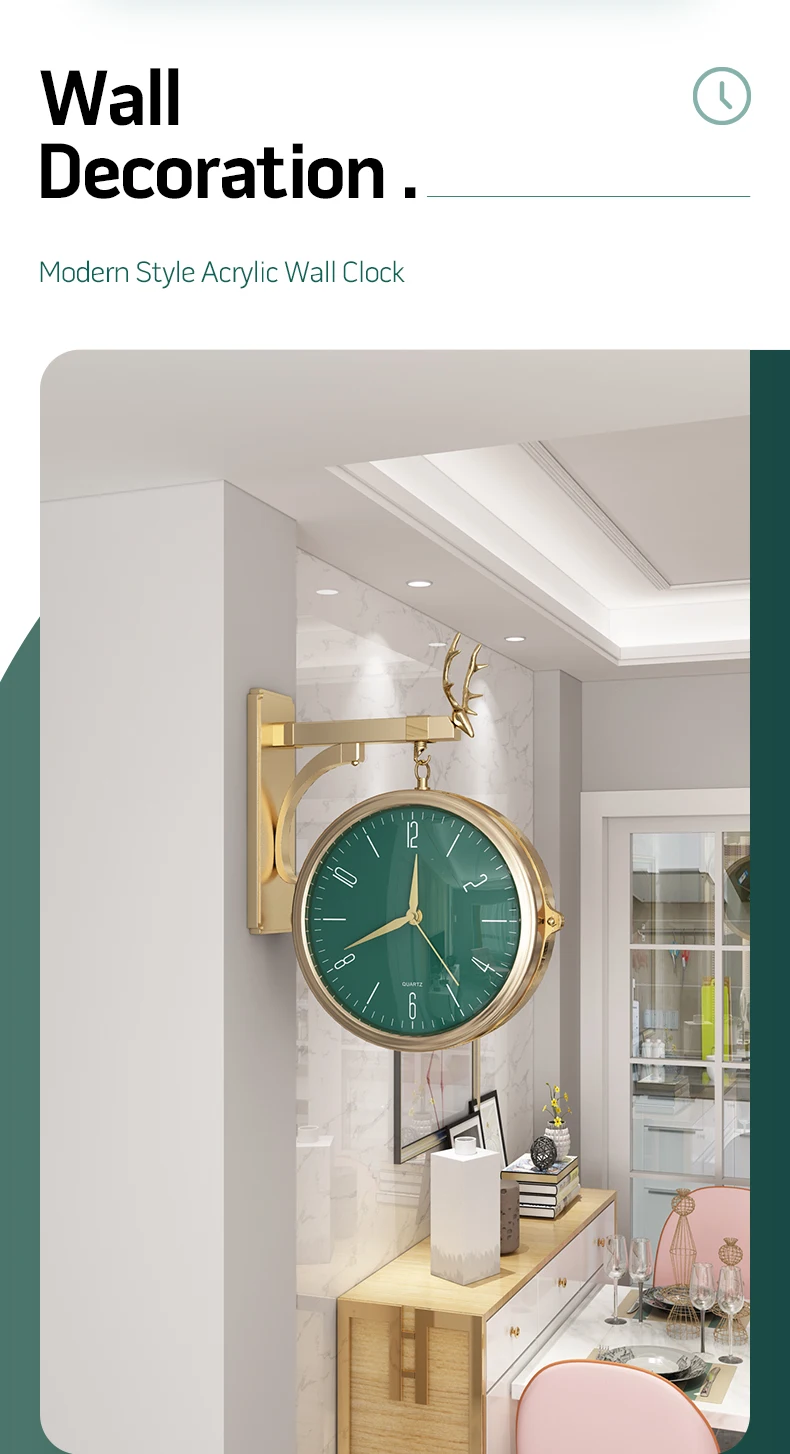 Home Living Room Decor Resin 3D Wall Clock Retro Double Side Rotating Wall Watch Deer Design Cafe Office Hotal Wall Decoration