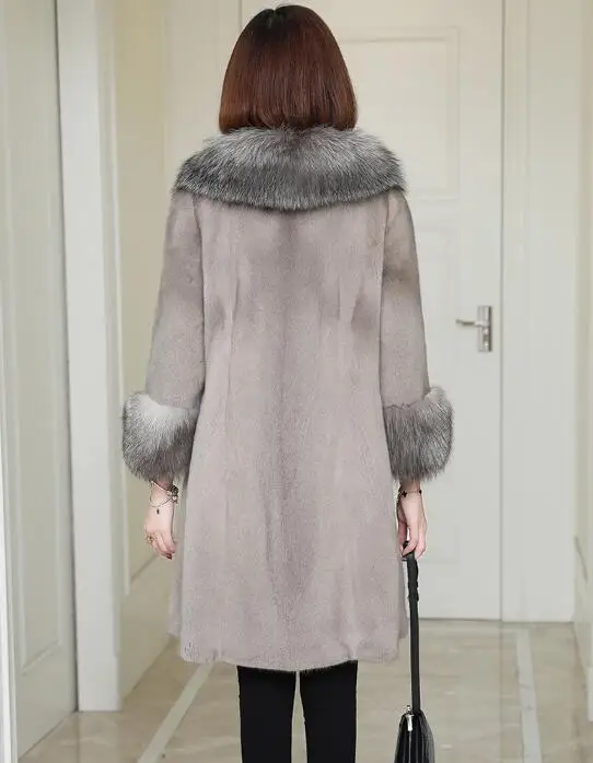 New women's natural real import mink fur coat with fox fur collar outwear Long