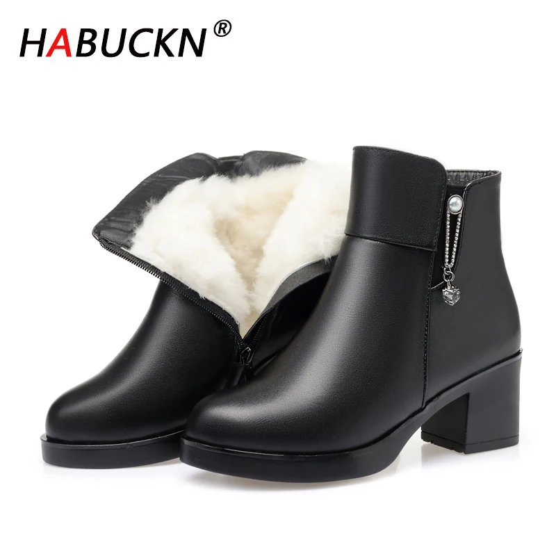 HABUCKN новые женские зимние сапоги из шерсти модные толстые натуральные кожаные
