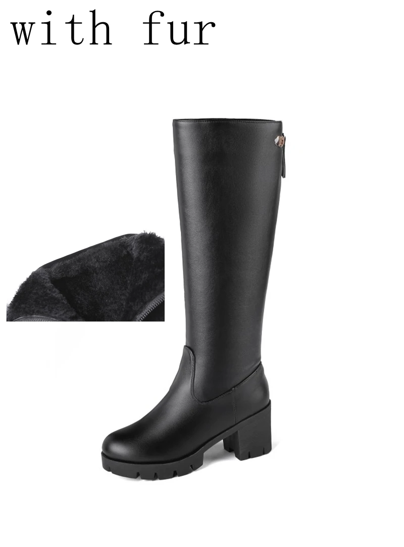 BLXQPYT Big Size 34-46 Autumn Winter Warm Fur Knee High Boots Womens Snow Boots High Heels Zipper Female Shoes woman C19-19 - Цвет: black with fur