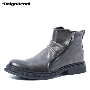 

Classical Genuine Leather Chelsea Boots Man Wrinkle Zip Ankle Boots Business Man Winter Hight End Shoes