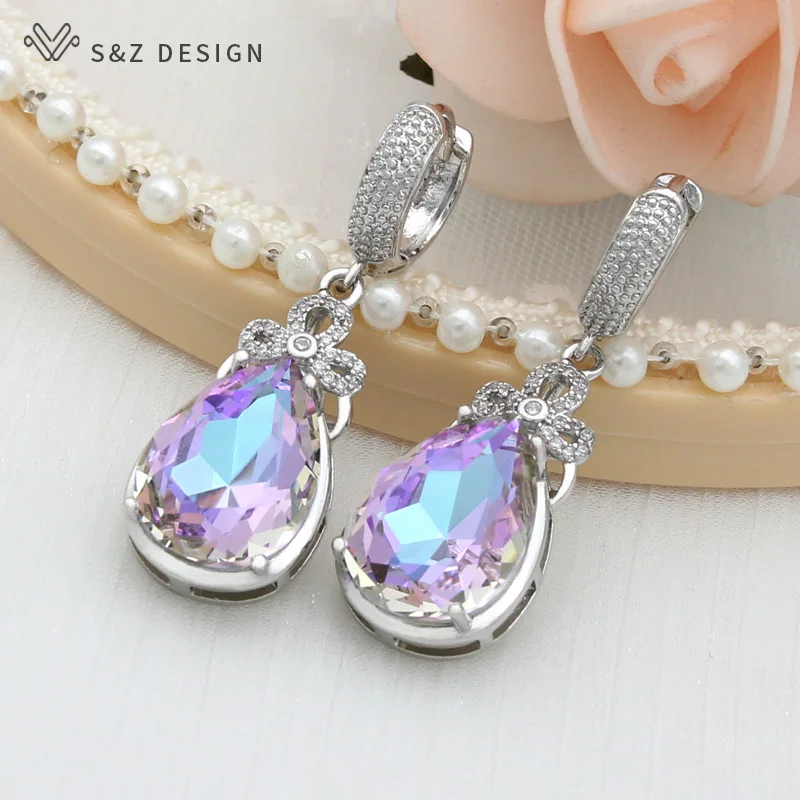S&Z DESIGN New 2021 Fashion Luxury Cubic Zirconia Water Drop Colorful Crystal Dangle Earrings For Women Wedding Elegant Jewelry