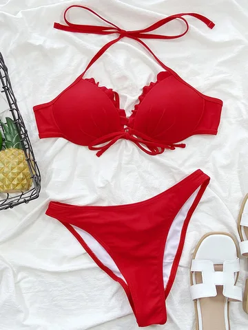 Halter Ruffled Bra Cup Bikini Female Swimsuit Women Brazilian Swimwear Two-pieces Bikini set Push Up Bathing Suit Swim Lady