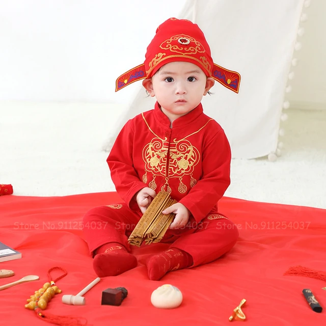 Stile cinese capodanno abbigliamento pagliaccetti ragazzi ragazze  tradizionale tuta rossa bambini ricamo Hanfu Tang Suit tuta cappello -  AliExpress
