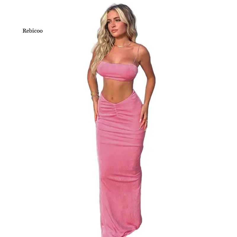 

Two-Piece Set Summer Solid Color Camisole + Long Skirt Waistless Sexy Fashion for Women's Party Clubwear Holiday New