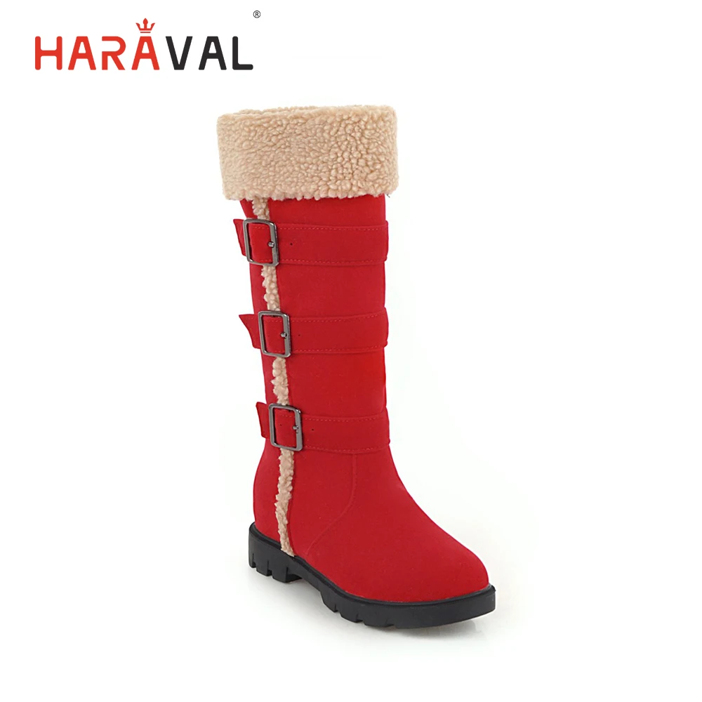

HARAVAL Luxury Woman Winter Mid calf Boots High Quality Flock Warm Ro Toe Low Heel Shoes Solid Casual Buckle Basic Boot B282