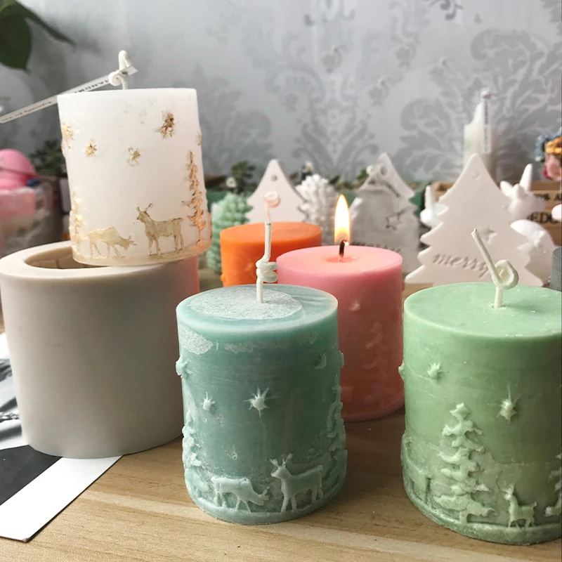 Christmas Candle Molds Silicone DIY Candle Making Supplies Moulds Pillar Shape with Embossed Christmas Tree Elk Reindeer Pattern