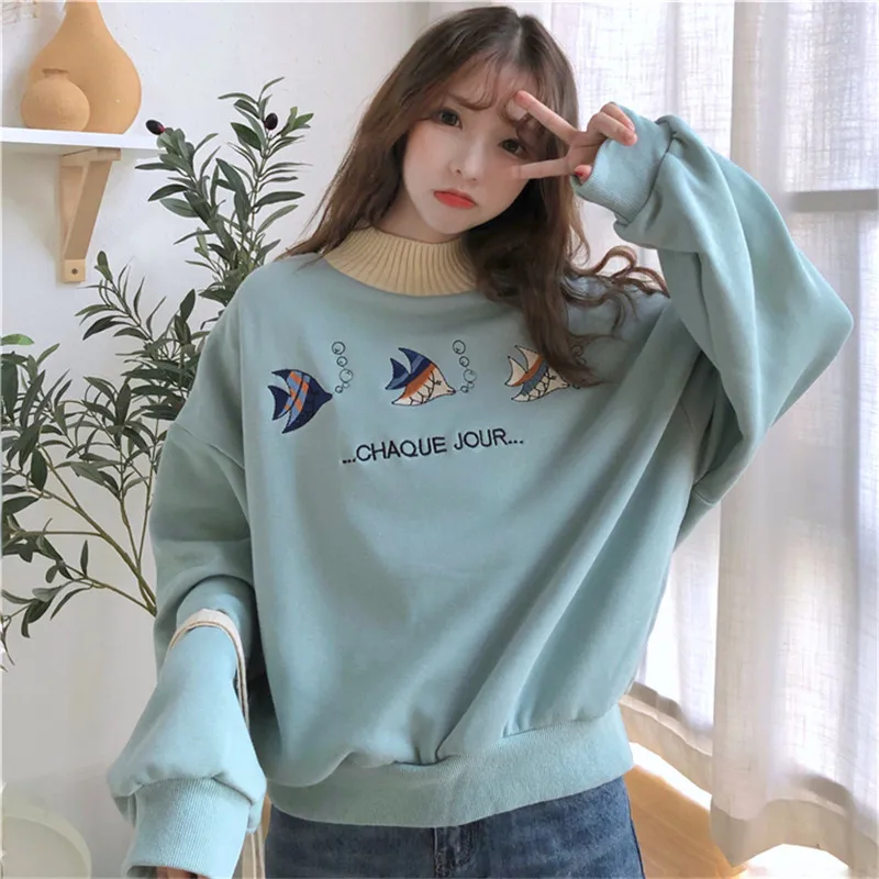 Новые бархатные толстые Ulzzang женские осенние корейские ins Harajuku винтажные Веселые топы с героями мультфильмов Модные свободные повседневные женские толстовки