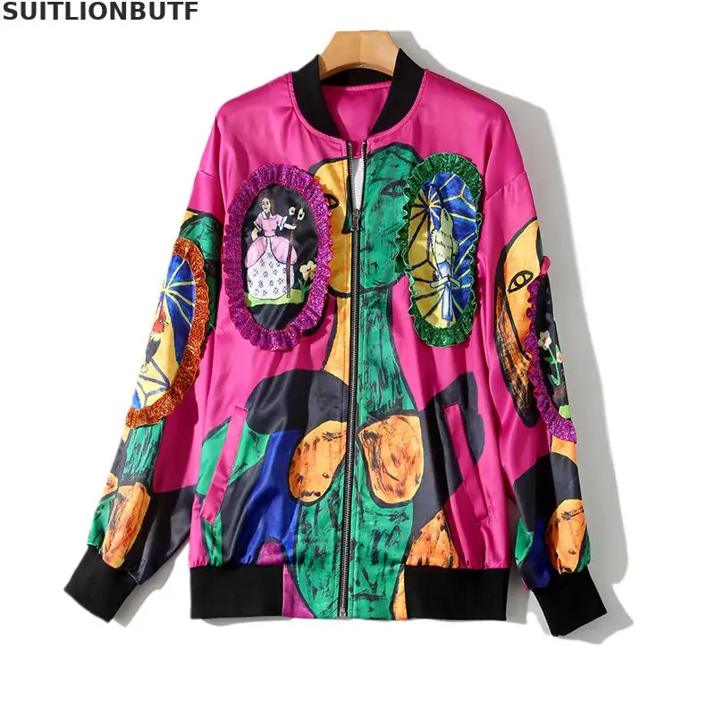 

Suitlionbutf 2019 Autumn Perfect Quality Contrast Color Cartoon Anime Print Zipper Streetwear Fashion Coats And Jackets Women