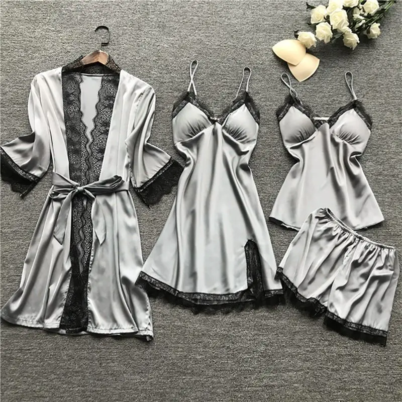 Jodimitty, Женский пижамный комплект, атласная одежда для сна, 4 шт., S-3XL, ночная одежда, пижама на бретельках, кружевная Пижама для сна, для отдыха, пижама на груди
