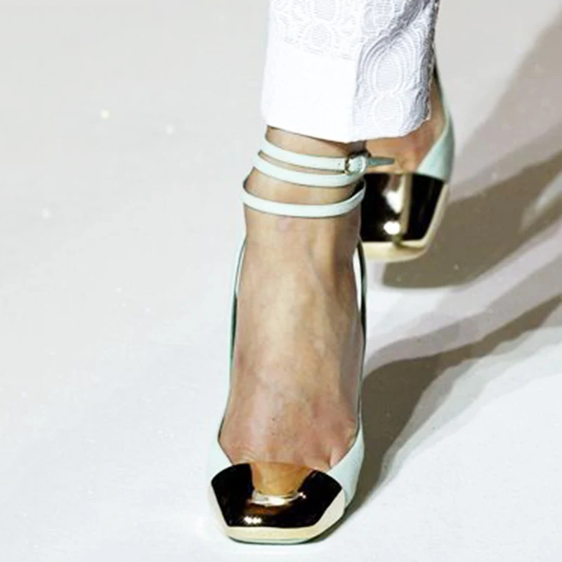 Светильник светло-голубой квадратный носок туфли на высоком каблуке; женские лодочки с ремешком вокруг лодыжки; zapatos turquesa Летние женские туфли золотистого цвета; большой размер 45