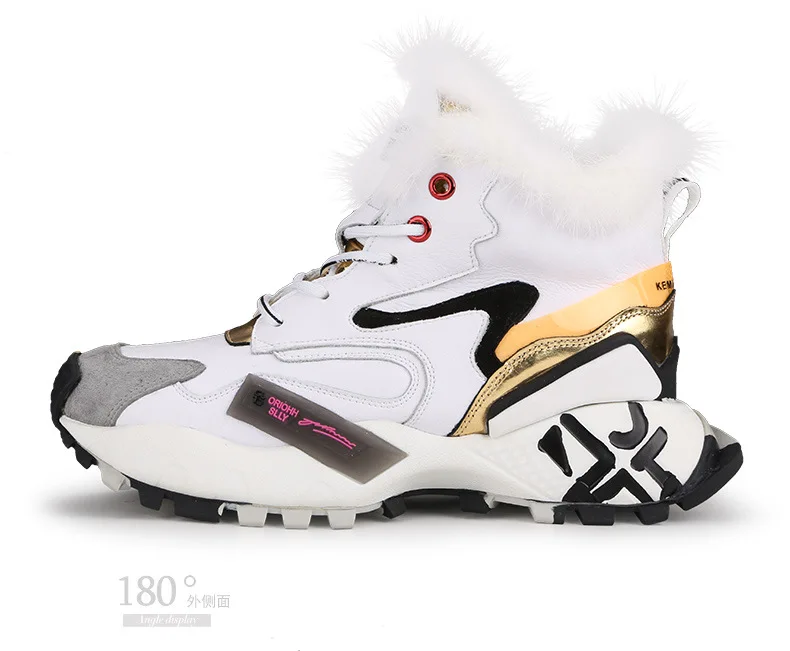 Womens Genuine Leather Real Mink Fur Sneakers Warm Winter Platform Casual Korean Style Match Colors High Top Shoes Black White