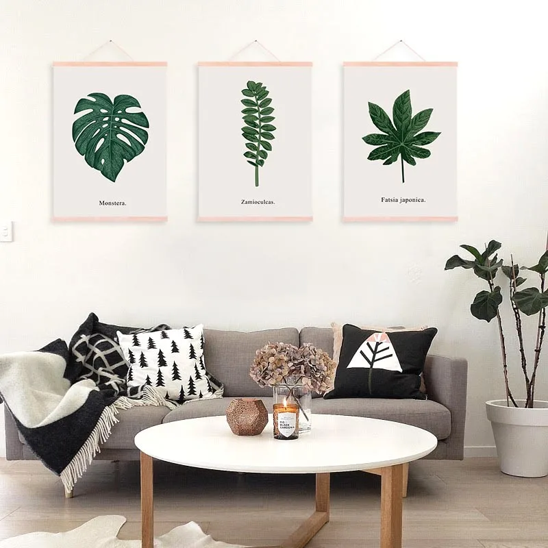 

Mild Art Modern Hand-Painted Green Leaf Simple Sofa Background Solid Wood gua zhou hua Decoration Scroll Paintings a Generation