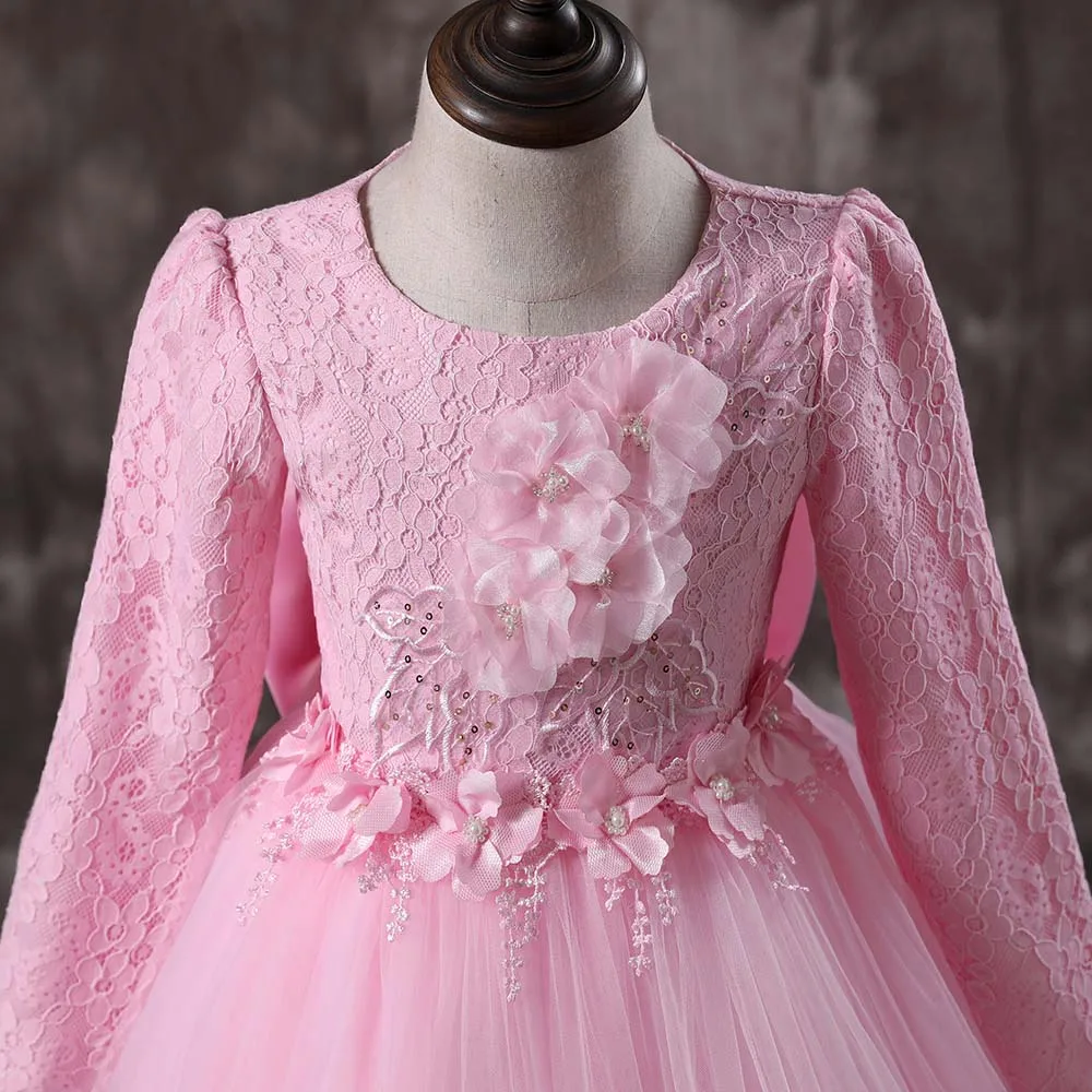 Кружевное платье с цветочным узором и длинными рукавами для девочек белые вечерние платья ручной работы с цветами для первого причастия