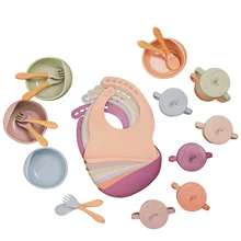 Vaisselle en Silicone pour bébé, pièces/ensemble, bol, bavoir, tasse, cuillère, fourchette, bol antidérapant, fixation par aspiration, qualité alimentaire, cadeau pour bébé 