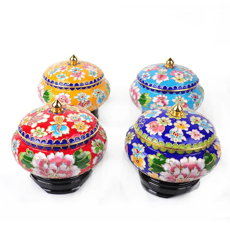 

Chinese Gifts Ornaments Copper Wheel Cloisonne Peony Flower Jewelry Box Canned Multifunction 4 inches